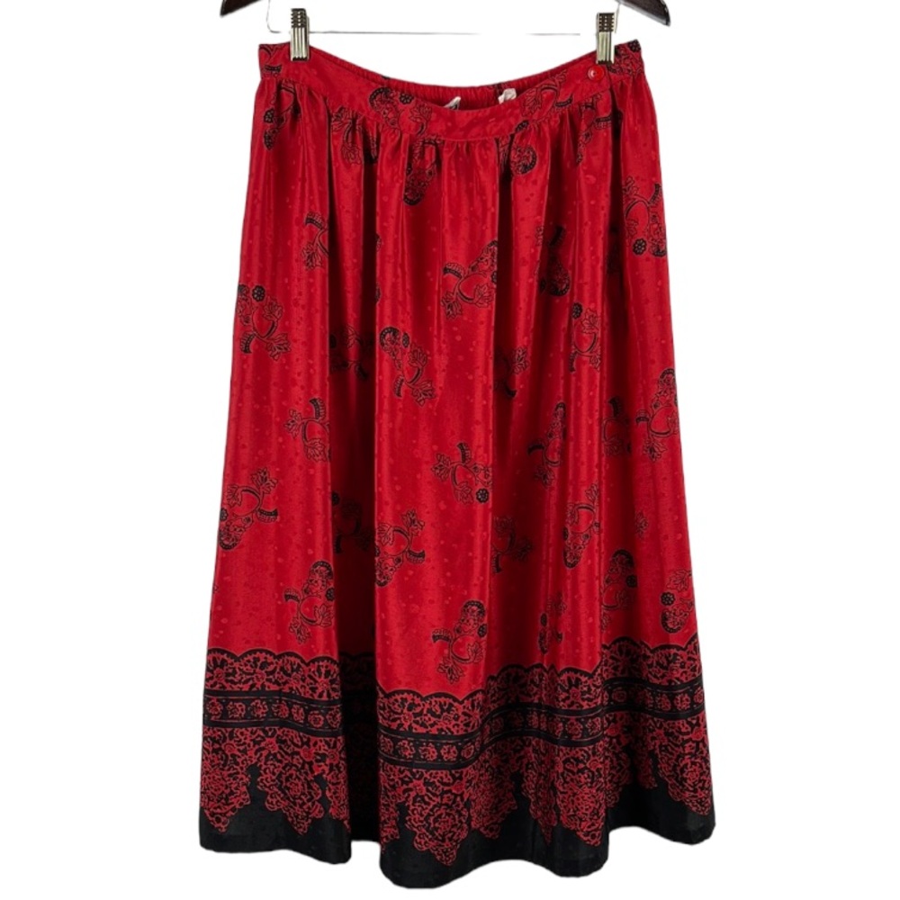 Vintage red and black lace pattern midi skirt